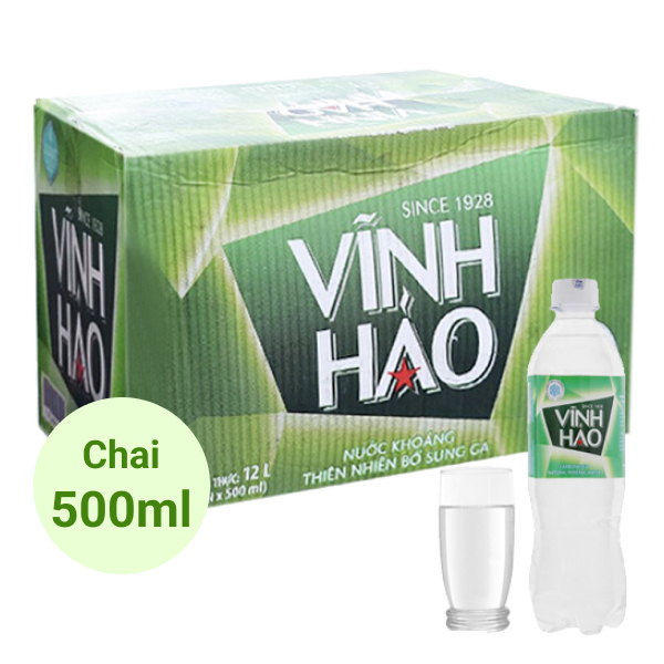 Thùng nước khoáng Vĩnh Hảo có ga 500ml chính hãng